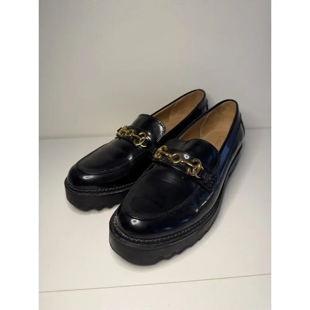Sam Edelman Circus NY Black Deana Lug Sole Chunky Loafers Gold Chain Sz 9.5 EUC!